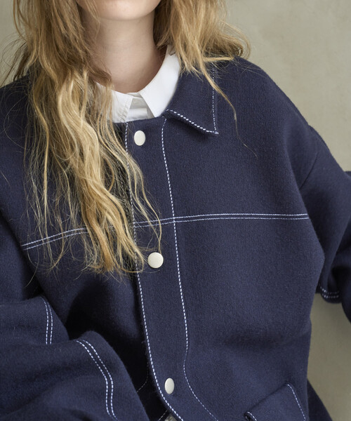 Firsthand（ファーストハンド）の「Firsthand/ファーストハンド オーバーサイズ ウール混 ニット カバーオール / 配色ステッチ ニットジャケット（ブルゾン・レディース・サックスブルー/インディゴブルー/ブラウン・ﾌﾘ-）」の11枚目の写真