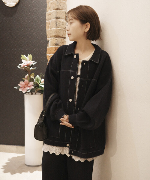 Firsthand（ファーストハンド）の「Firsthand/ファーストハンド オーバーサイズ ウール混 ニット カバーオール / 配色ステッチ ニットジャケット（ブルゾン・レディース・サックスブルー/インディゴブルー/ブラウン・ﾌﾘ-）」の13枚目の写真