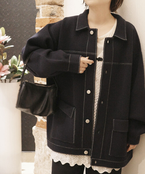 Firsthand（ファーストハンド）の「Firsthand/ファーストハンド オーバーサイズ ウール混 ニット カバーオール / 配色ステッチ ニットジャケット（ブルゾン・レディース・サックスブルー/インディゴブルー/ブラウン・ﾌﾘ-）」の17枚目の写真