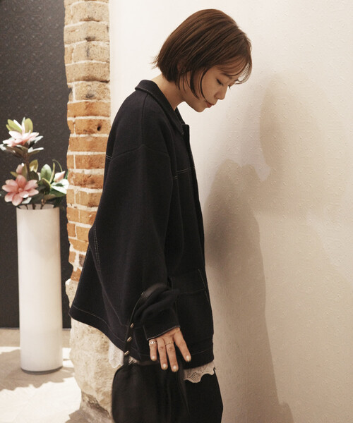 Firsthand（ファーストハンド）の「Firsthand/ファーストハンド オーバーサイズ ウール混 ニット カバーオール / 配色ステッチ ニットジャケット（ブルゾン・レディース・サックスブルー/インディゴブルー/ブラウン・ﾌﾘ-）」の18枚目の写真