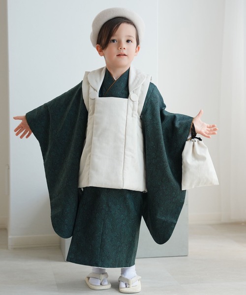 utatane（ウタタネ）の「七五三３歳用被布コートセット 男の子 ひよこ商店 象牙色ジャガード×ダマスク（着物・キッズ・グリーン/ネイビー・85-100cm）」の18枚目の写真