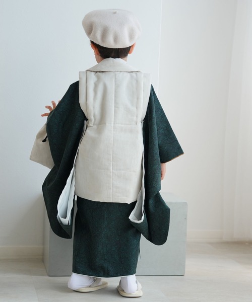 utatane（ウタタネ）の「七五三３歳用被布コートセット 男の子 ひよこ商店 象牙色ジャガード×ダマスク（着物・キッズ・グリーン/ネイビー・85-100cm）」の20枚目の写真