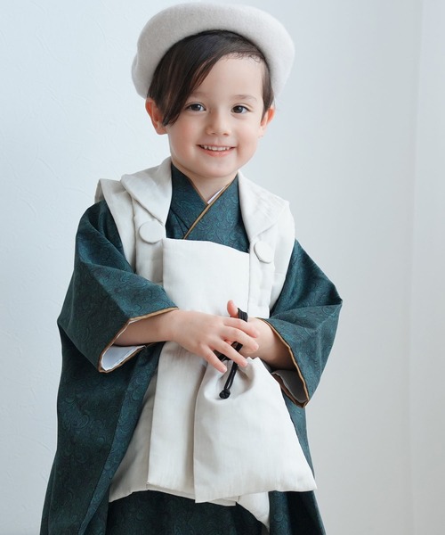 utatane（ウタタネ）の「七五三３歳用被布コートセット 男の子 ひよこ商店 象牙色ジャガード×ダマスク（着物・キッズ・グリーン/ネイビー・85-100cm）」の12枚目の写真