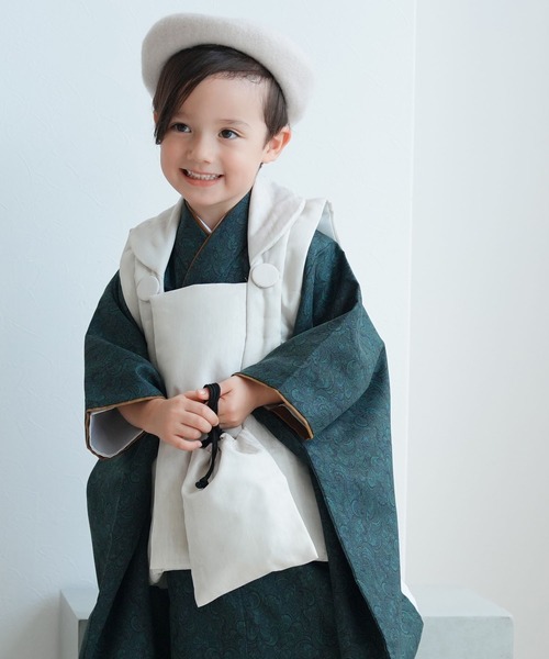 utatane（ウタタネ）の「七五三３歳用被布コートセット 男の子 ひよこ商店 象牙色ジャガード×ダマスク（着物・キッズ・グリーン/ネイビー・85-100cm）」の13枚目の写真