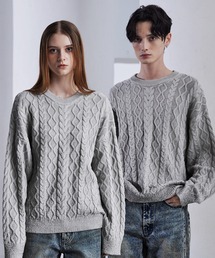 【CLEL】Foil Print Cable Crew Neck Knit / 箔プリント ケーブルクルーネックニット