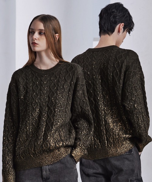 CLEL 箔プリント ケーブルクルーネックニット M ブラック CLEL】Foil Print Cable Crew Neck Knit / 箔プリント ケーブルクルー