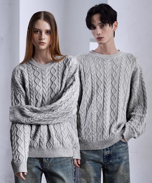 CLEL】Foil Print Cable Crew Neck Knit / 箔プリント ケーブルクルー