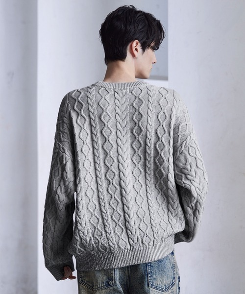CLEL】Foil Print Cable Crew Neck Knit / 箔プリント ケーブルクルー