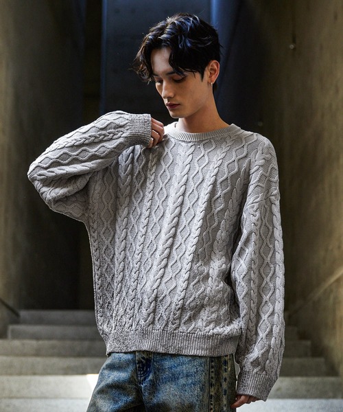 CLEL】Foil Print Cable Crew Neck Knit / 箔プリント ケーブルクルー