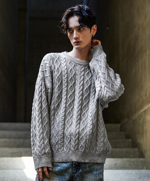 CLEL】Foil Print Cable Crew Neck Knit / 箔プリント ケーブルクルー