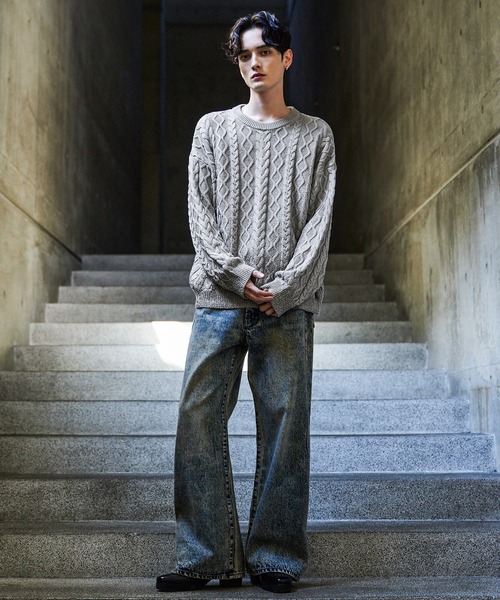 CLEL】Foil Print Cable Crew Neck Knit / 箔プリント ケーブルクルー