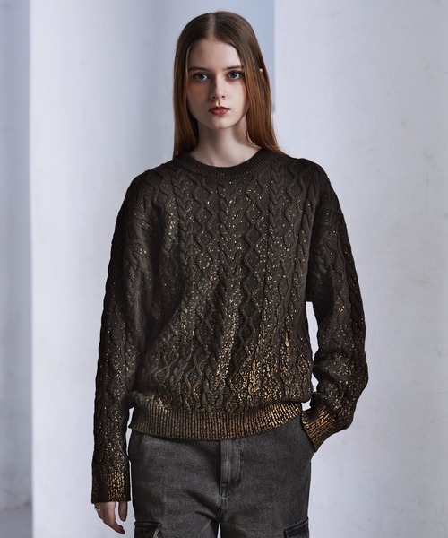 CLEL】Foil Print Cable Crew Neck Knit / 箔プリント ケーブルクルー
