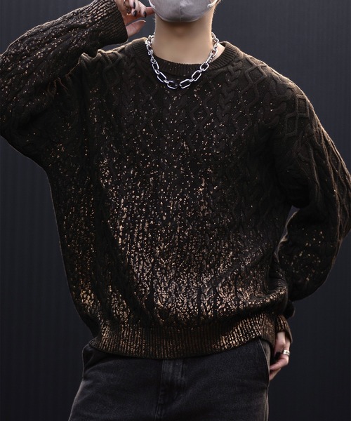 CLEL】Foil Print Cable Crew Neck Knit / 箔プリント ケーブルクルー