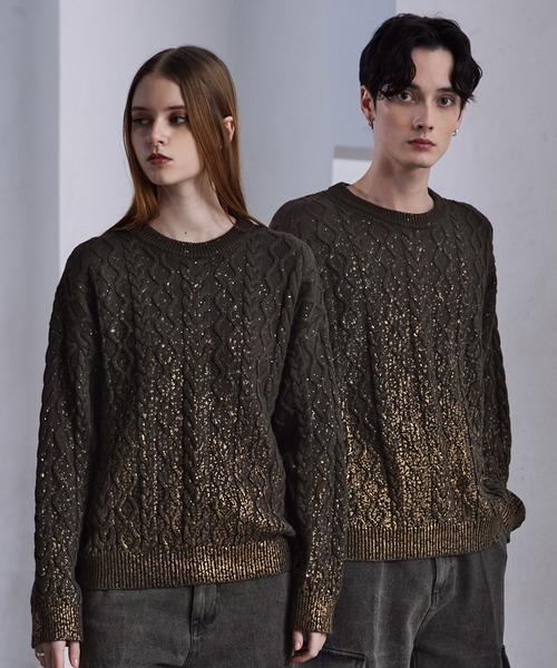 CLEL】Foil Print Cable Crew Neck Knit / 箔プリント ケーブルクルー