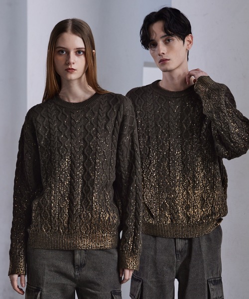 CLEL 箔プリント ケーブルクルーネックニット CLEL】Foil Print Cable Crew Neck Knit / 箔プリント ケーブルクルー