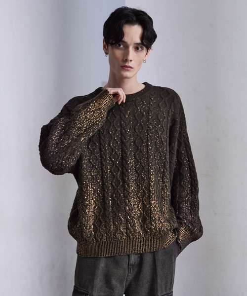 CLEL 箔プリント ケーブル クルーネックニット ブラック Mサイズ CLEL】Foil Print Cable Crew Neck Knit / 箔プリント ケーブルクルー
