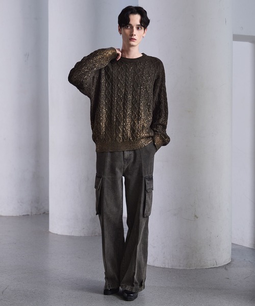 CLEL 箔プリント ケーブルクルーネックニット L ブラウン CLEL】Foil Print Cable Crew Neck Knit / 箔プリント ケーブルクルー