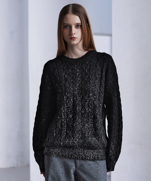 clel 箔ニット 箔プリント ケーブルクルーネックニットブラックMサイズ CLEL】Foil Print Cable Crew Neck Knit / 箔プリント ケーブルクルー