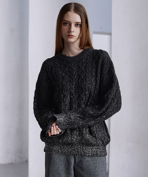 CLEL 箔プリント ケーブルクルーネックニット M ブラック CLEL】Foil Print Cable Crew Neck Knit / 箔プリント ケーブルクルー