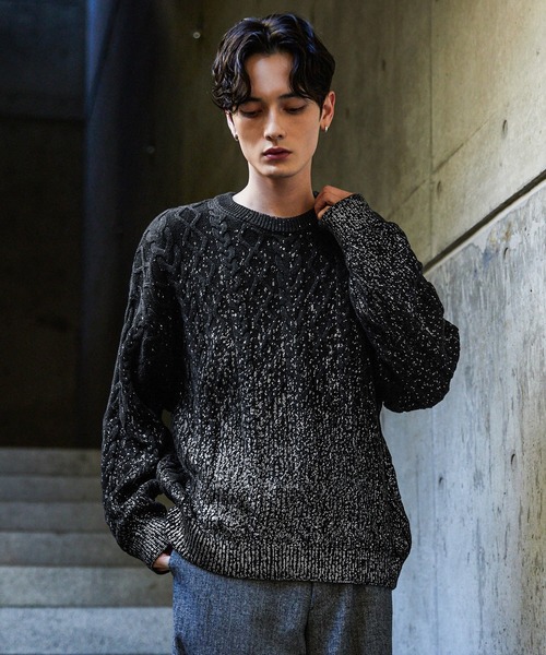 CLEL】Foil Print Cable Crew Neck Knit / 箔プリント ケーブルクルー
