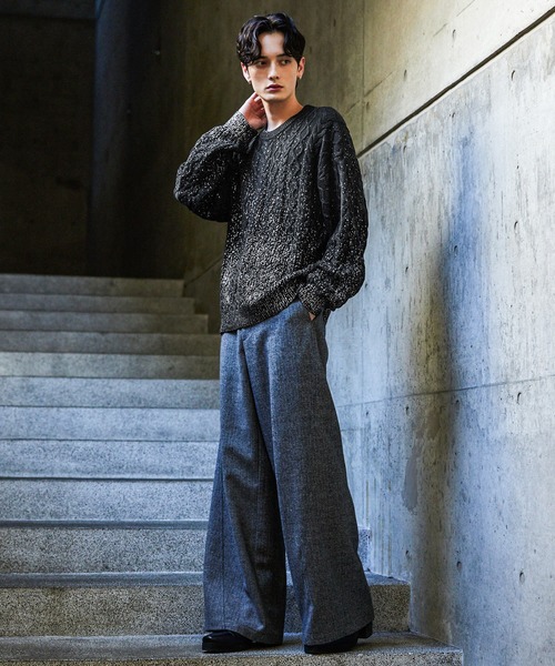 CLEL】Foil Print Cable Crew Neck Knit / 箔プリント ケーブルクルー