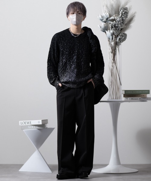 カナやん CLEL 箔プリント ケーブルクルーネックニット ブラウン L