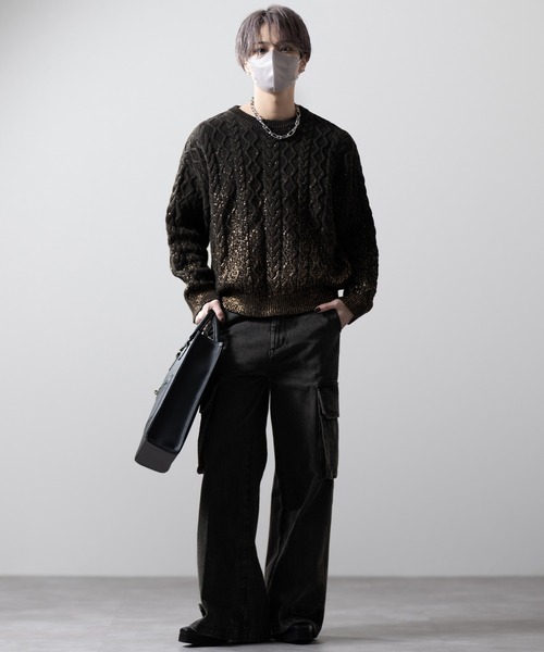 CLEL】Foil Print Cable Crew Neck Knit / 箔プリント ケーブルクルー