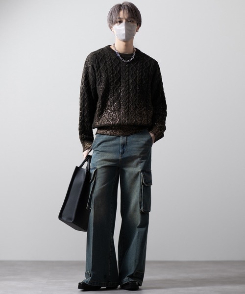 CLEL】Foil Print Cable Crew Neck Knit / 箔プリント ケーブルクルー