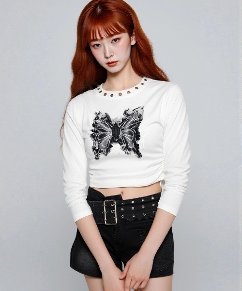 .KOM(ドットコム)の「A'GEM/9 × .kom 『.KOM/ドットケーオーエム』 Grunge Butterfly Design Long Sleeve T-shirt/グランジ系 バタフライデザイン 長袖Tシャツ(Tシャツ/カットソー・レディース・ホワイト/ブラック/グレー・FREE)」の2枚目の写真