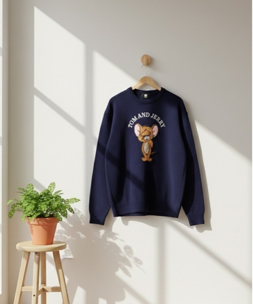 Tom＆Jerry（トムアンドジェリー）の「【TOM & JERRY/トムとジェリー】ループ刺繍＆シャギージャガードクルーネックニット（ニット/セーター・レディース・ネイビー/サックスブルー/スミクロ/オフホワイト・MEDIUM/LARGE）」の3枚目の写真