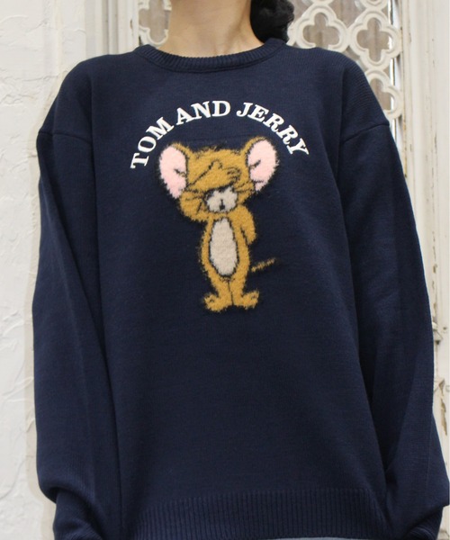 Tom＆Jerry（トムアンドジェリー）の「【TOM & JERRY/トムとジェリー】ループ刺繍＆シャギージャガードクルーネックニット（ニット/セーター・レディース・ネイビー/サックスブルー/スミクロ/オフホワイト・MEDIUM/LARGE）」の6枚目の写真