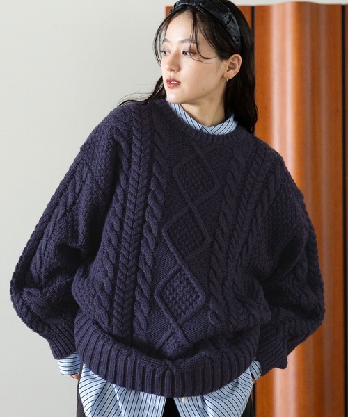 RAGEBLUE(レイジブルー)の「BIGケーブルニットプルオーバー(ニット/セーター・レディース・ネイビー/ホワイト/レッド・FREE)」の2枚目の写真