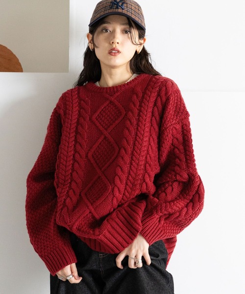 RAGEBLUE(レイジブルー)の「BIGケーブルニットプルオーバー(ニット/セーター・レディース・ネイビー/ホワイト/レッド・FREE)」の3枚目の写真