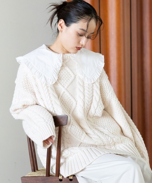 RAGEBLUE(レイジブルー)の「BIGケーブルニットプルオーバー(ニット/セーター・レディース・ネイビー/ホワイト/レッド・FREE)」の1枚目の写真