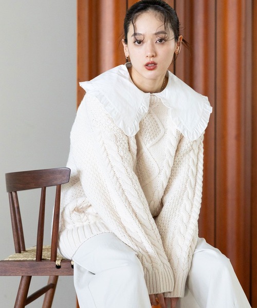 RAGEBLUE(レイジブルー)の「BIGケーブルニットプルオーバー(ニット/セーター・レディース・ネイビー/ホワイト/レッド・FREE)」の12枚目の写真