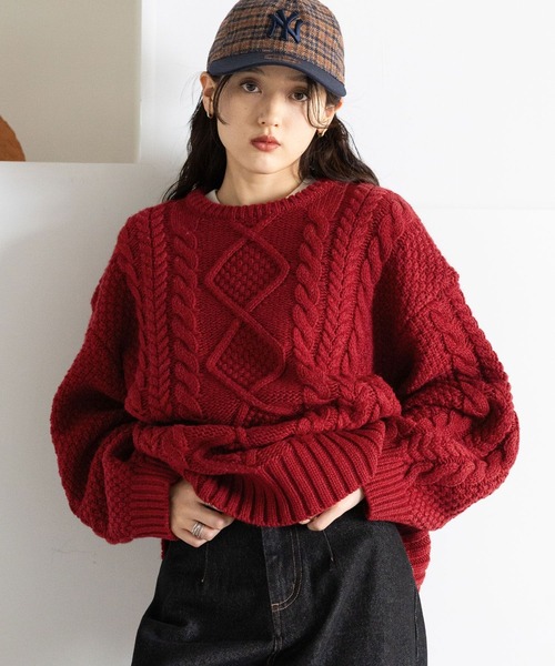 RAGEBLUE(レイジブルー)の「BIGケーブルニットプルオーバー(ニット/セーター・レディース・ネイビー/ホワイト/レッド・FREE)」の4枚目の写真