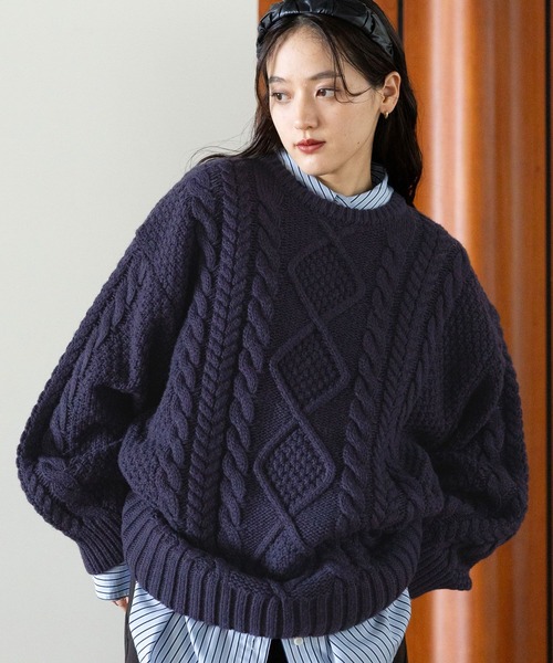 RAGEBLUE(レイジブルー)の「BIGケーブルニットプルオーバー(ニット/セーター・レディース・ネイビー/ホワイト/レッド・FREE)」の9枚目の写真