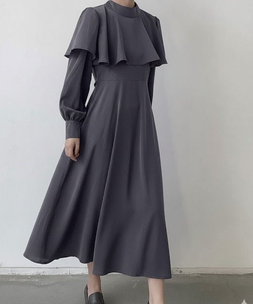 Maison Calme(メゾンカルム)の「ケープデザインバックリボンロングワンピース 結婚式 パーティー お呼ばれ(ワンピース・レディース・ブラウン/ブラック/グレー・M/L)」の13枚目の写真