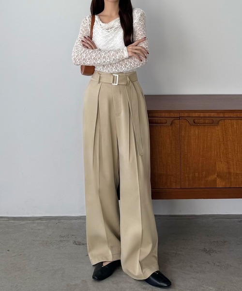 callautia(カラウティア)の「ベルト付きダブルタックワイドパンツ(スラックス・レディース・ブラック/チャコール/ベージュ・SMALL/MEDIUM/LARGE)」の8枚目の写真
