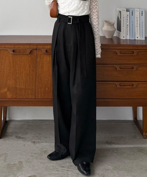 callautia（カラウティア）の「ベルト付きダブルタックワイドパンツ（スラックス・レディース・ブラック/チャコール/ベージュ・SMALL/MEDIUM/LARGE）」の9枚目の写真