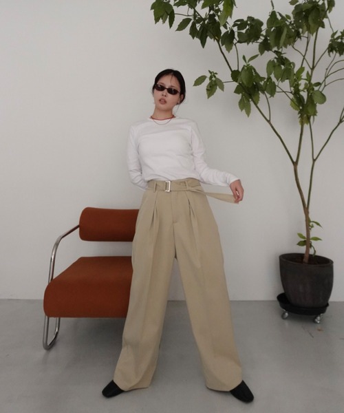 callautia（カラウティア）の「ベルト付きダブルタックワイドパンツ（スラックス・レディース・ブラック/チャコール/ベージュ・SMALL/MEDIUM/LARGE）」の16枚目の写真