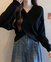 カシュクールVネックリブニット ふわもち素材 クロスニット【美シルエット】