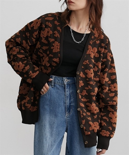 花柄モールジャガードデザインカーディガン ［Soiunique］（ニット