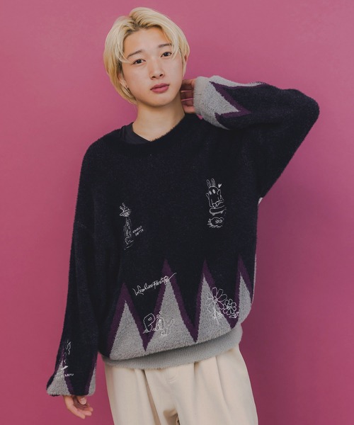 ScoLar Parity（スカラーパリティ）の「353128：落書き調Parityキャラジャガードニットプルオーバー（Tシャツ/カットソー・レディース・ブルー/ブラック・M）」の13枚目の写真