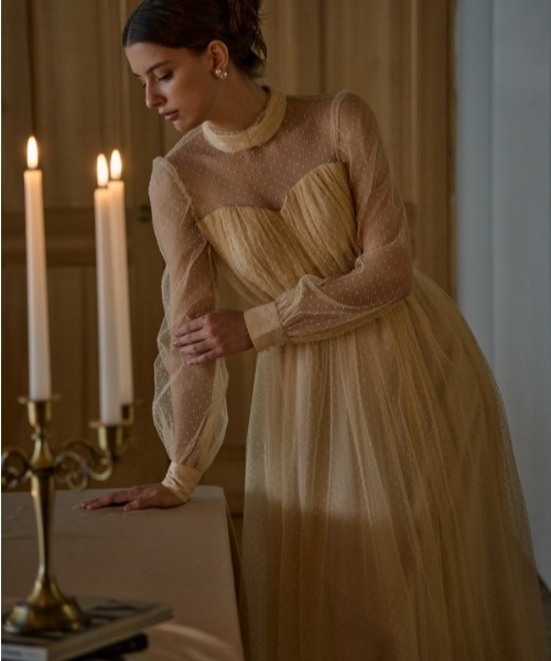 ERADIE（エラディエ）の「Flocked Tulle Lace Dress  ドット刺繍レースドレス（ワンピース・レディース・ライトベージュ/ブラック・FREE）」の22枚目の写真