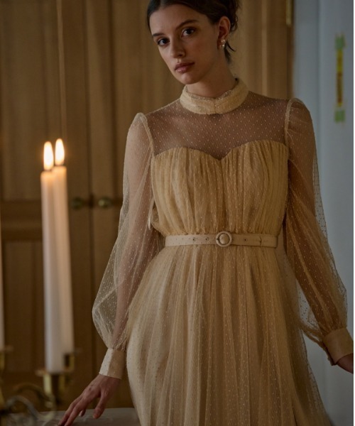 セール】Flocked Tulle Lace Dress ドット刺繍レースドレス