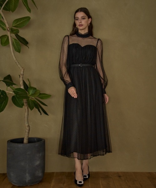 ERADIE（エラディエ）の「Flocked Tulle Lace Dress  ドット刺繍レースドレス（ワンピース・レディース・ライトベージュ/ブラック・FREE）」の3枚目の写真