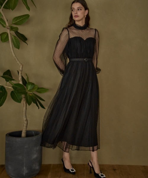 ERADIE（エラディエ）の「Flocked Tulle Lace Dress  ドット刺繍レースドレス（ワンピース・レディース・ライトベージュ/ブラック・FREE）」の7枚目の写真