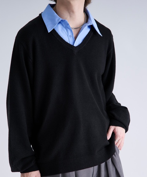 Ellno Loset(エルノロゼット)の「シャツレイヤードフウVニット(ニット/セーター・メンズ・ブラック/チャコール・SMALL/MEDIUM/LARGE)」の3枚目の写真