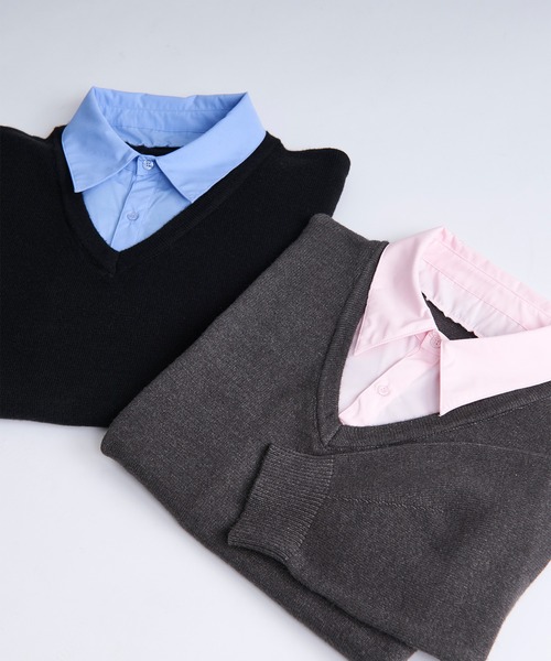 Ellno Loset(エルノロゼット)の「シャツレイヤードフウVニット(ニット/セーター・メンズ・ブラック/チャコール・SMALL/MEDIUM/LARGE)」の6枚目の写真